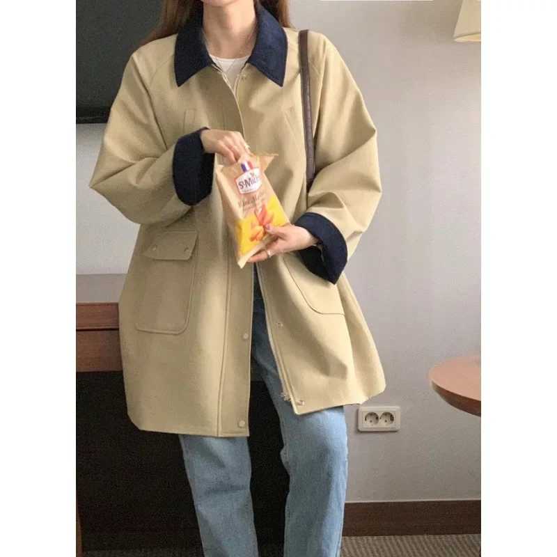 Turn Down Collar Korean Women Short Trench Coats Zipper Cardigan Solid Full Sleeve Splice 2023 Autumn Winter Casual Loose