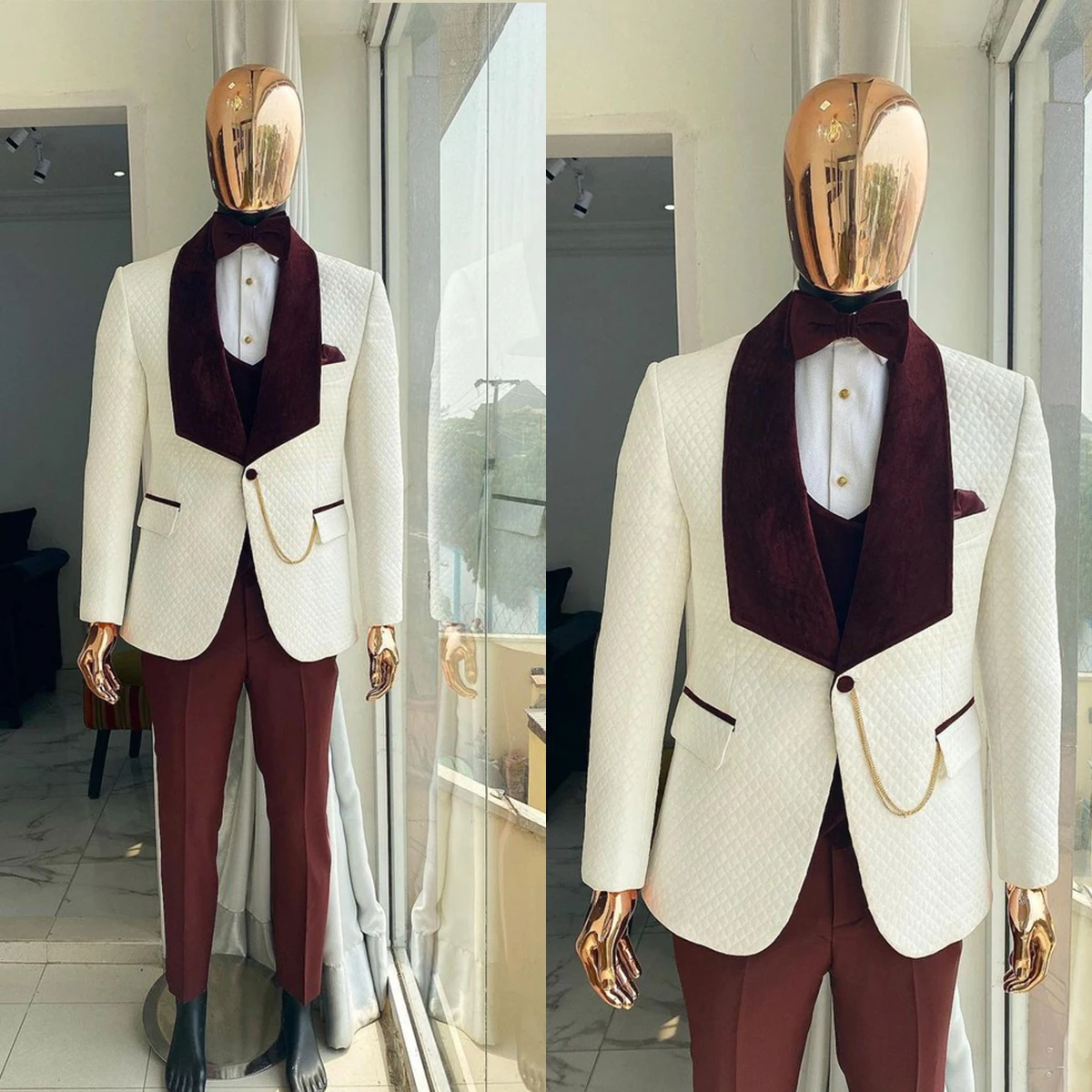 Burgundy Men's Suits Tailor-Made 3 Pieces White Blazer Vest Pants Velvet Sheer Lapel Tuxedo Modern Wedding Plus Size Customized