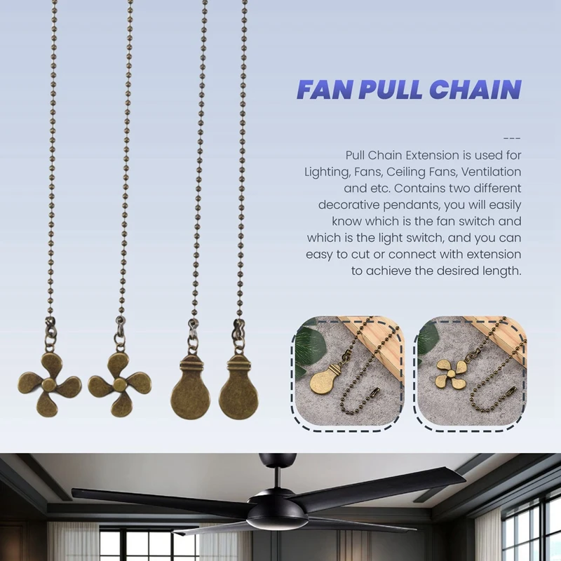 4Pcs Ceiling Fan Pull Chain Set,Bulb And Fan Pattern Pull Chain Extension Fan Pull Chain Pendant 12 Inch Promotion