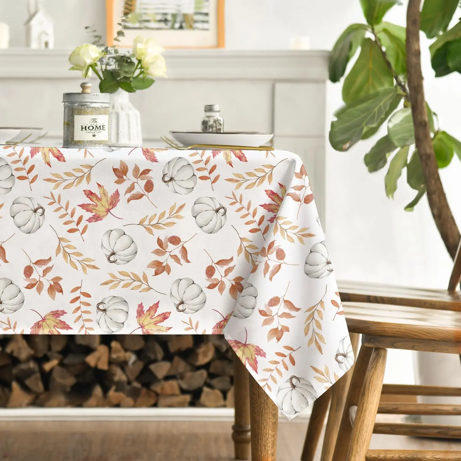 Thanksgiving Autumn White Pumpkin Orange Leaf Rectangle Tablecloth Dining Room Decor Waterproof Table Cover Party Supplies