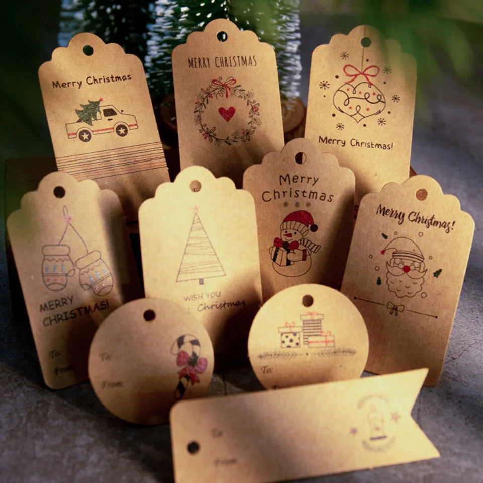50PCS Christmas Kraft Paper Tags Carton Xmas Tree/Santa Claus Printed Crafts Hanging Labels for Noel Navidad Gifts Wrapping image 3