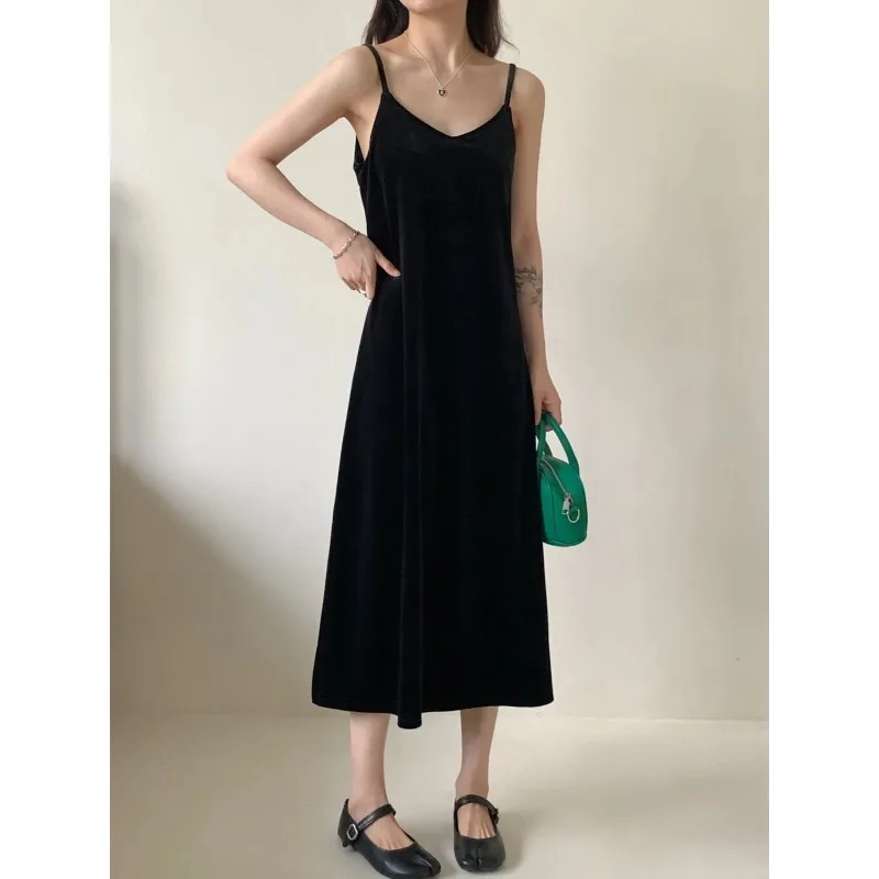 Jupe à bretelles en velours noir et doré pour femmes, col en v, rétro, ample, ligne a, dos nu, robe extérieure d'automne