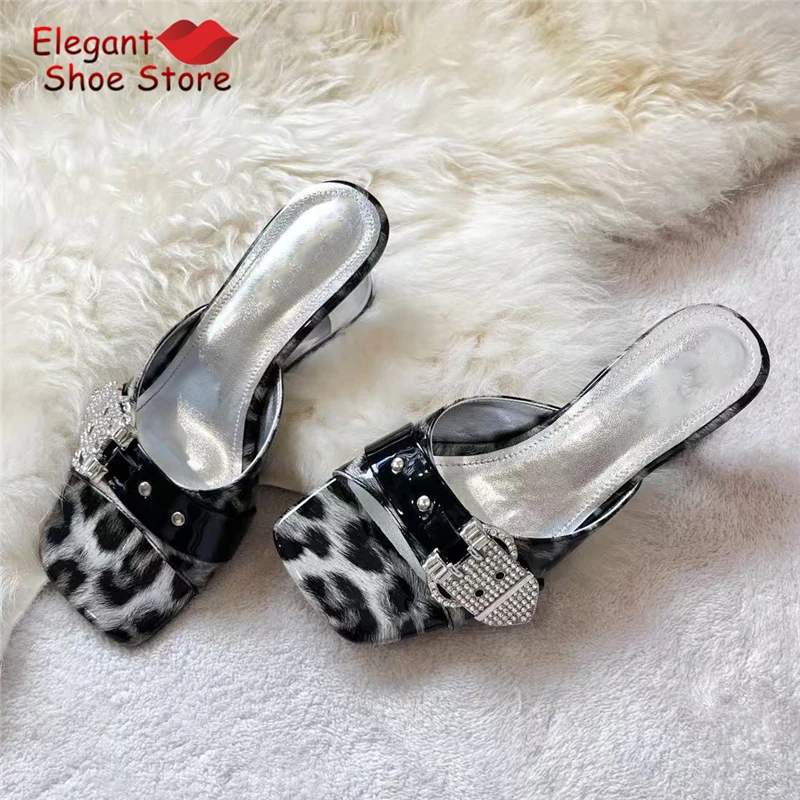 Leopard Print Patent Leather Square Toe Sandals for Women Rhinestone Buckle Heart-Shaped Hollow Heel Slippers 6CM High Heels
