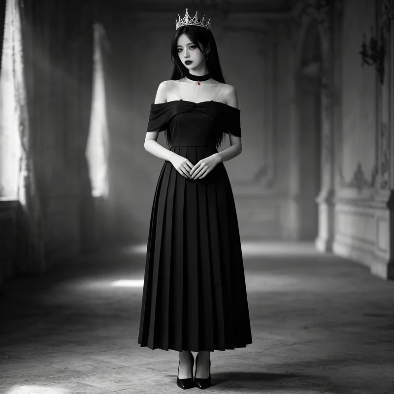 QICHE Dark Palace & Weird Carnival Two-Piece Outfit Off Shoulder Maxi Dress Halloween Stage Party Matching Costume Set