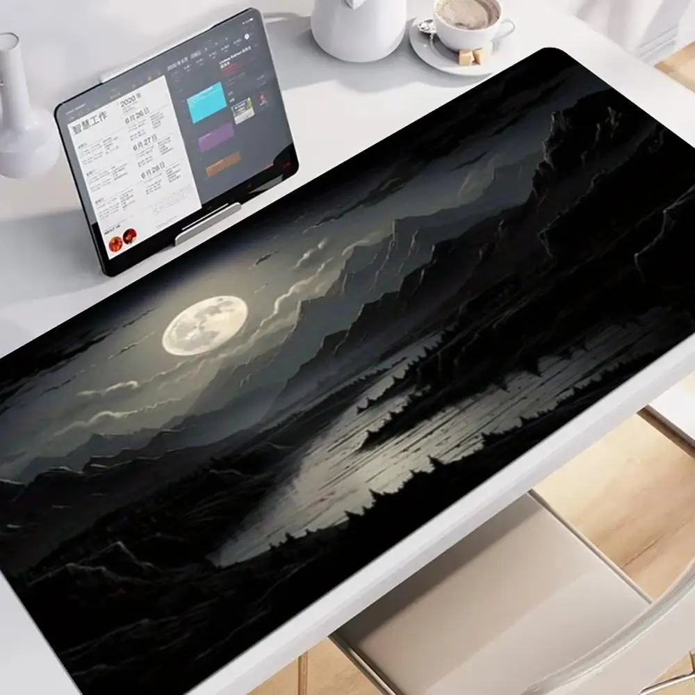 Large  Gaming MousePad Desk Mat Keyboard Pad Dark Full Moon Mountain River Valley Night Scenery Monochrome E-Sports Gaming Setup