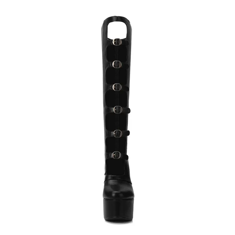 Ladies' Summer Thick Soled, Thick High-heeled, Hollowed Out Knee High Cool Boots with Round Toe, Black Midsole Women's Boots