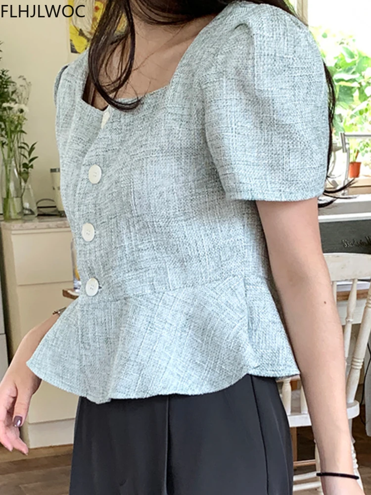 Retro Vintage Chic Square Neck Collar Tops Hot Women Summer Short Sleeve Korea Japan Style Button Blouse Shirts