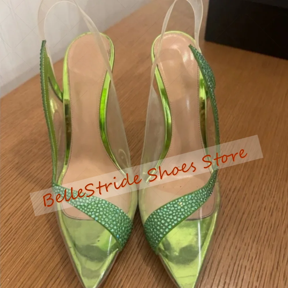 

Green Pointed Toe Crystal PVC Sandals for Women Stilettos High Heels Fashionable Dinner Party 2025 Zapatos Para Mujeres