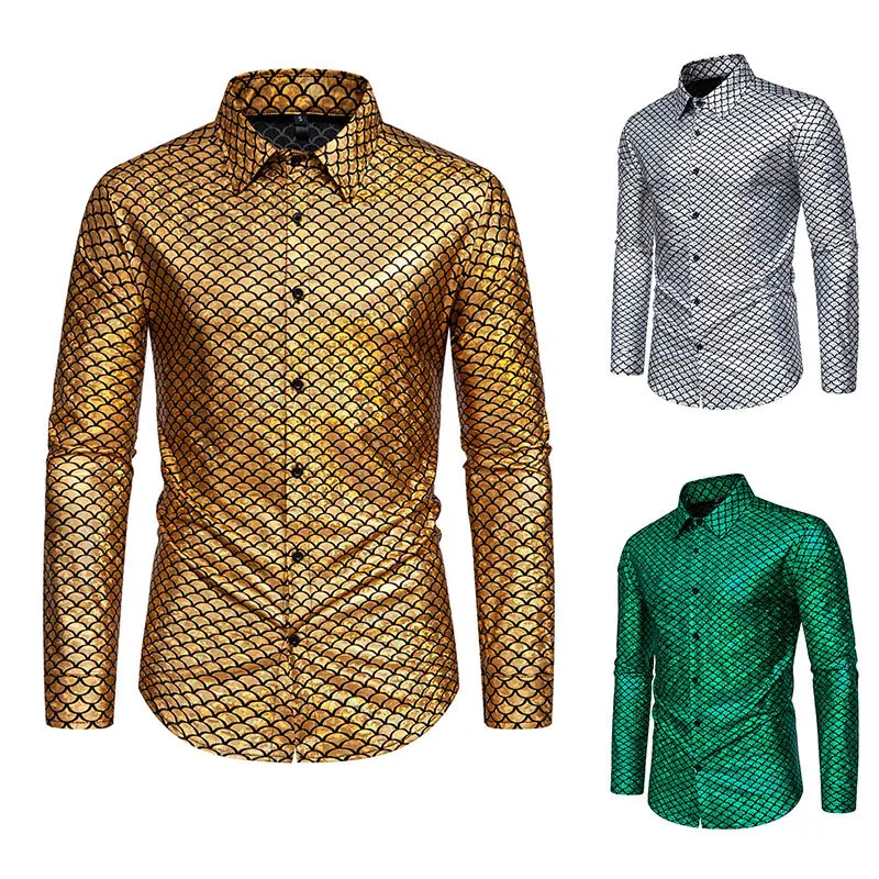 Men's  Shirts for Spring and Summer, Fish Scale Hot Stamping Stage Costume, Banquet Fashion, Men's Long Sleeved Shirts