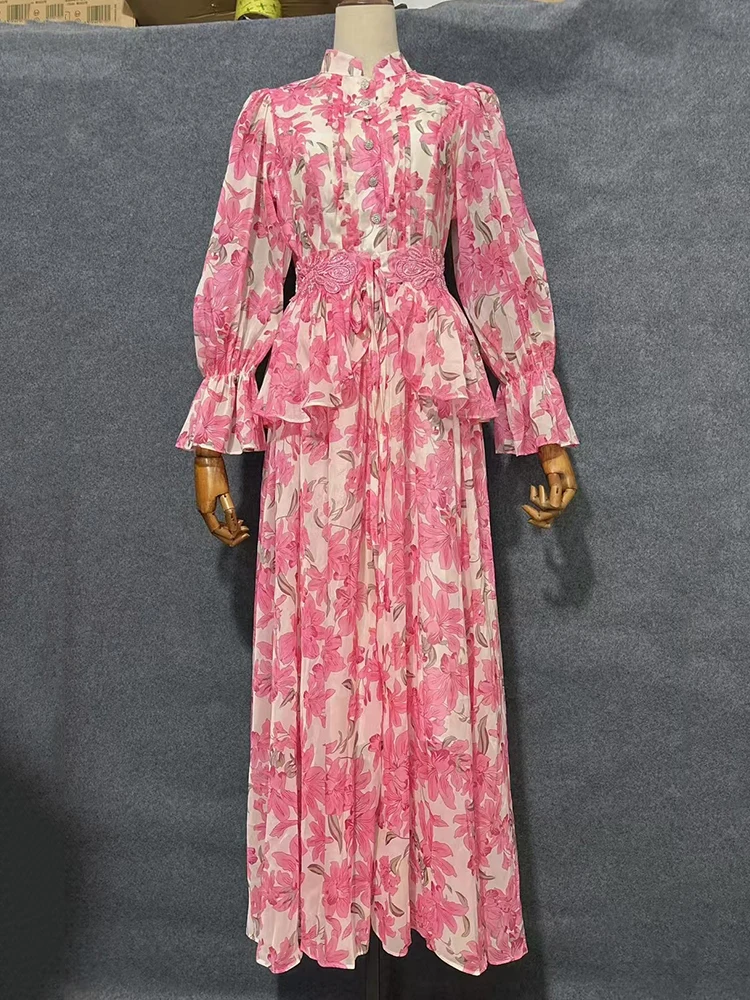 Retro printed round-neck single-breasted applique cinched waist dress 2025 Autumn women's fashion loose large-swing puffy dress