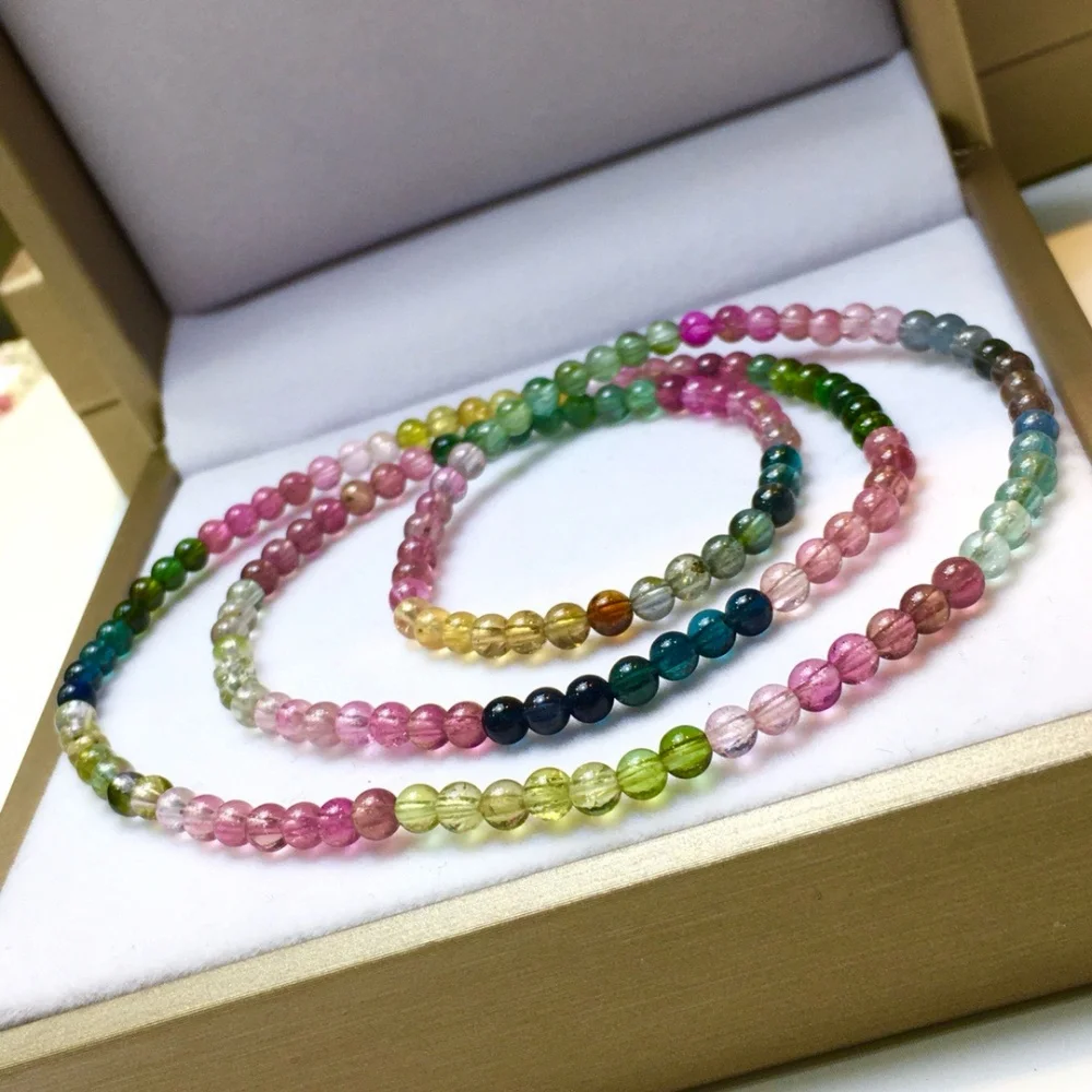 3.8MM Natural Rainbow Tourmaline Bead Bracelet Fashion Crystal Quartz Gemstone Jewelry Reiki Healing For Women Gift 1PCS