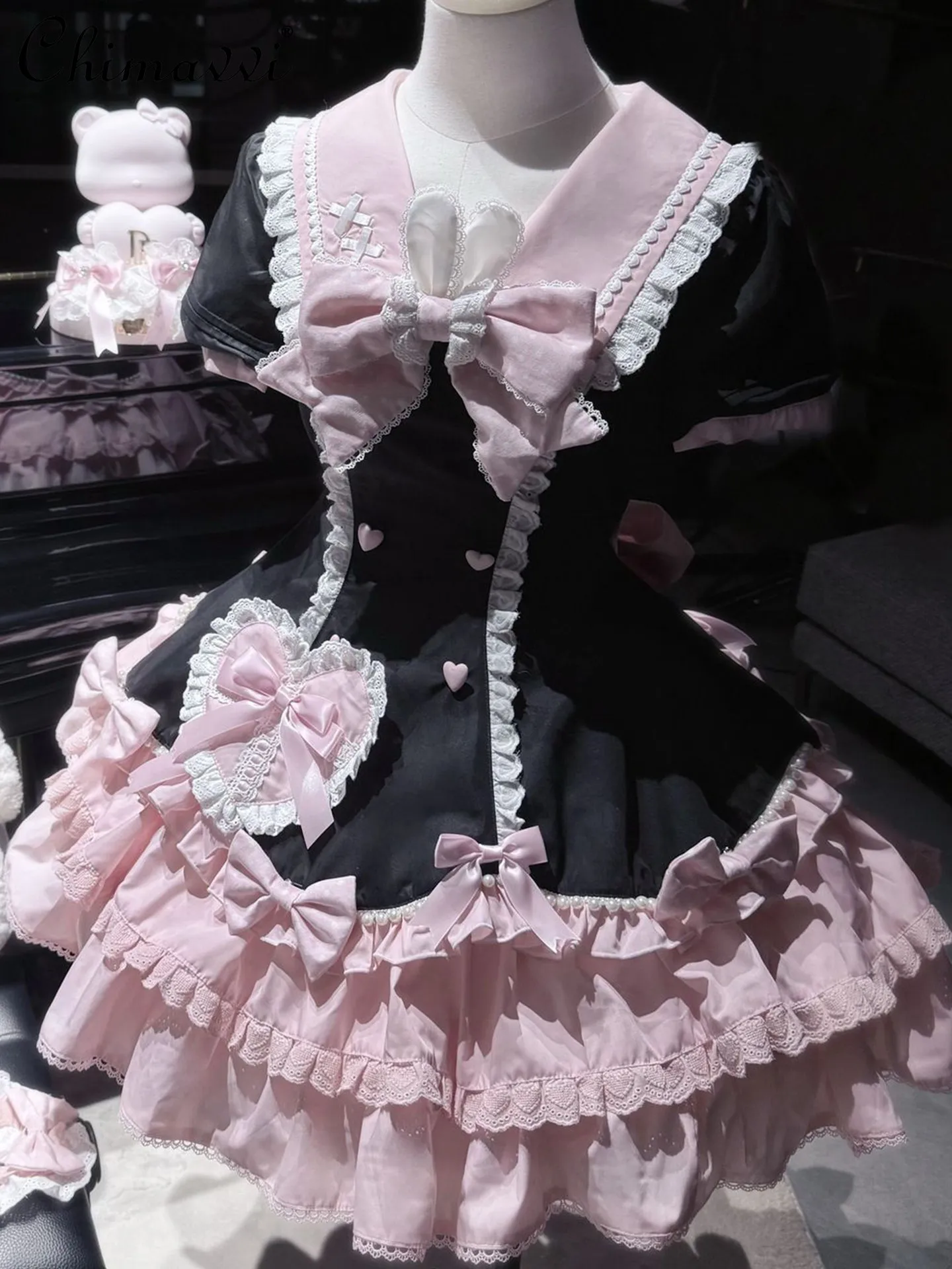 

Black and Pink Cute Lolita OP Dress Spring Summer New Sweet Navy Collar and Cute Bow Girls Princess Temperament Lolita Dress