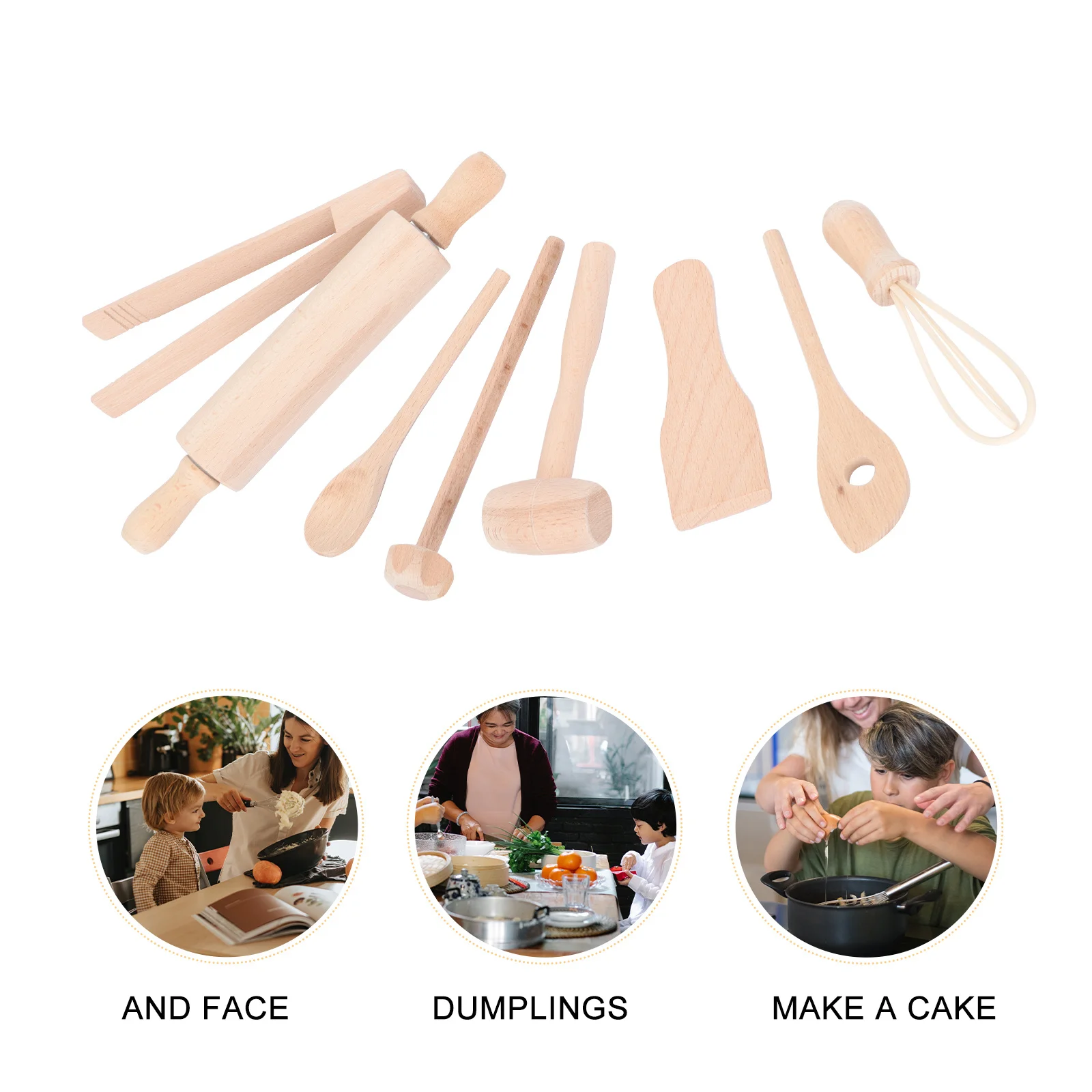 1Set Wooden Children's Kitchen Utensils Safe Smooth Edge Mini Spatula Rolling Pin Egg Beater Baking Playset Wood Rolling Pin Toy