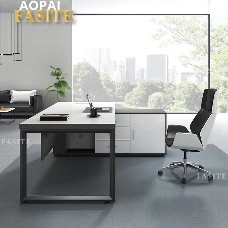 For Modern Simple Black and White Executive Desk with Side Cabinet Large Manager Office Table and Chair Set Wholesale