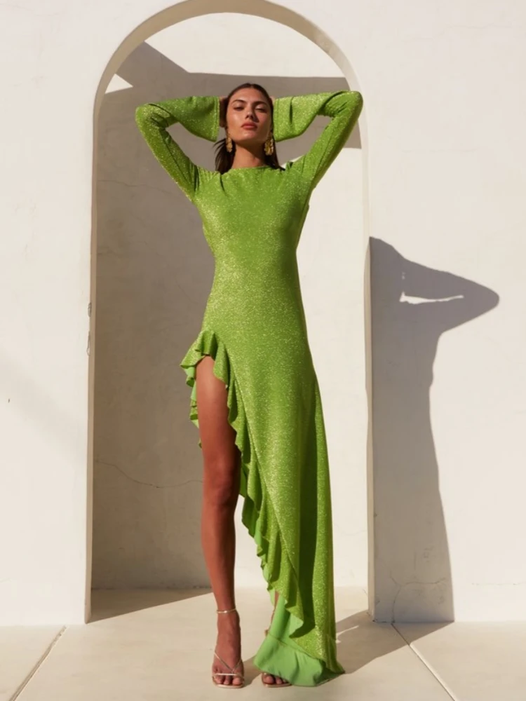 Sexy O Neck Long Sleeves Ruffles Long Dress Women Green Backelss Bright Silk Irregular Design Dresses Evening Patry Gowns