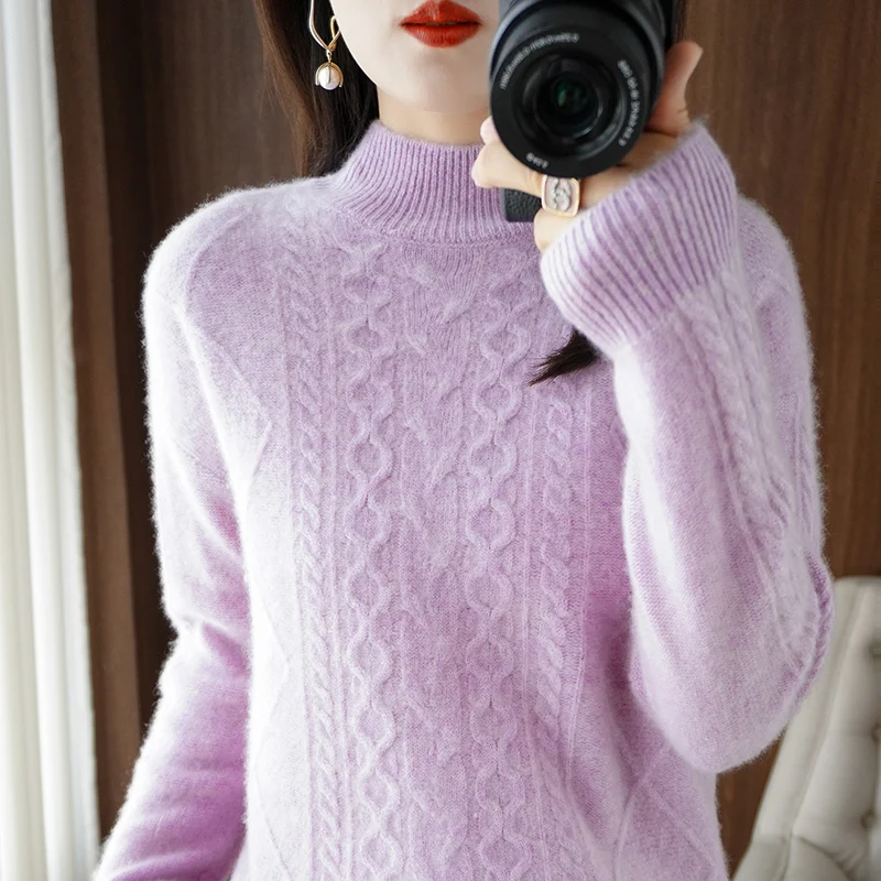 SZDYQH Hot Sale 100% Pure Wool Knitted Sweater Women Loose Thicken Long Sleeve Warm Pullover Autumn Winter Fashion Female Jumper