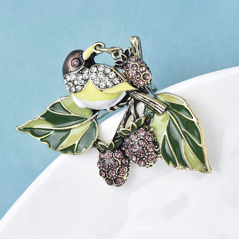 Wuli&baby Cute Fruits Bird Brooches For Women Unisex Enamel Rhinestone Plants Animal Party Office Brooch Pins Gifts