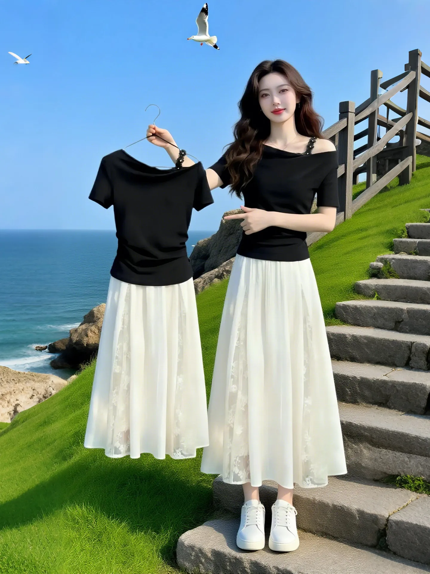 

Fashionable Short Sleeve T-Shirt And Skirt Set Women's Commute Versatile Summer New Arrival Breathable Casual round Neck Top