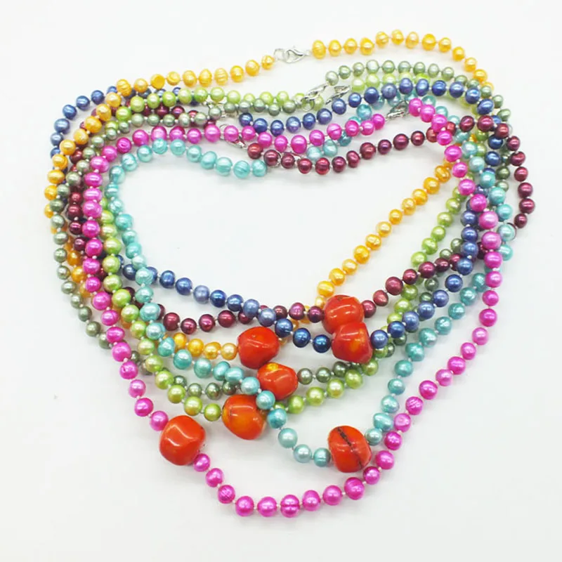 7PCS 6MM natural mixed colourpearls, coral. Very beautiful ladies jewelry necklace 18