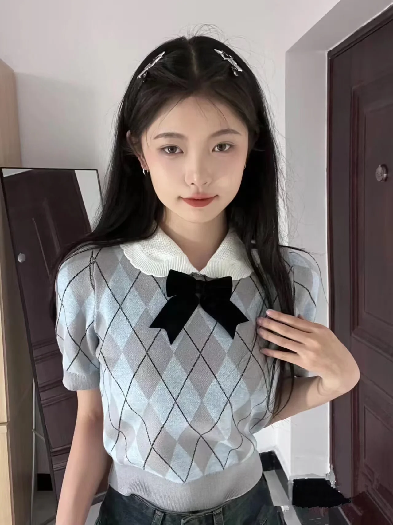 Americano retro ort sve malha gelo seda camiseta feminina verão design único tamanho pequeno bolha sve topo