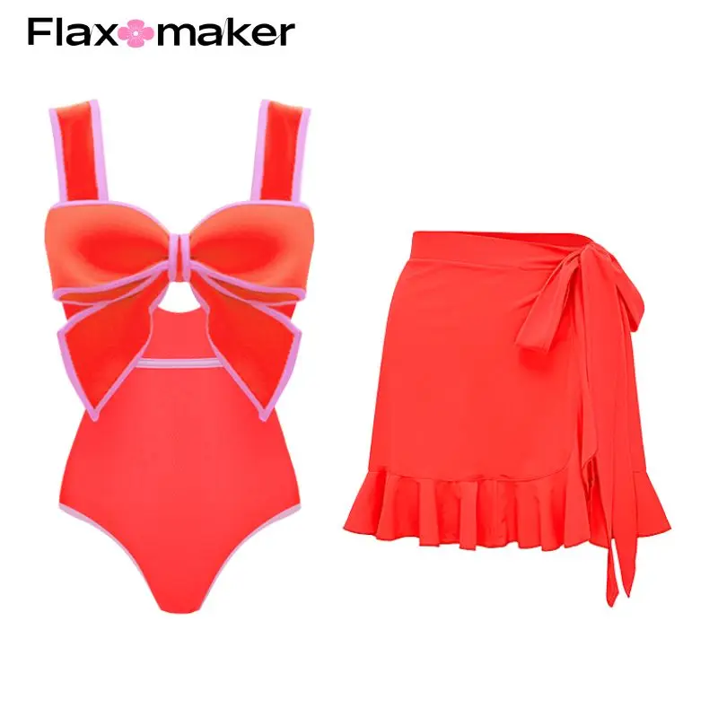 FLAXMAKER Bow Front Cut Out Color Block One Piece Swimsuit and Skirt Clearance Wholesale