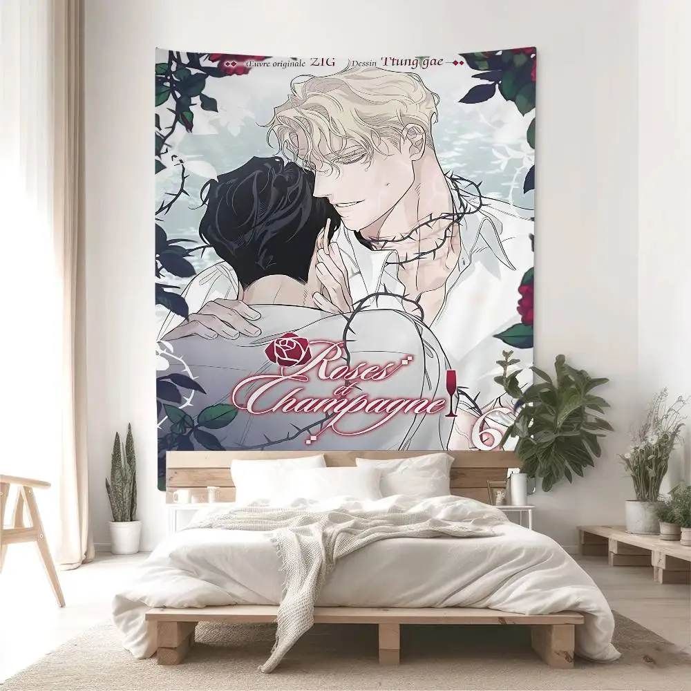 Korean Manhua Roses And Champagne Cartoon Tapestry Wall Hanging Decoration Household Home Decor
