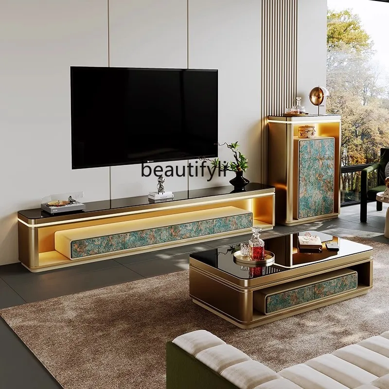 Postmodern light luxury TV cabinet coffee table combination living room home high-end solid wood floor cabinet with lights