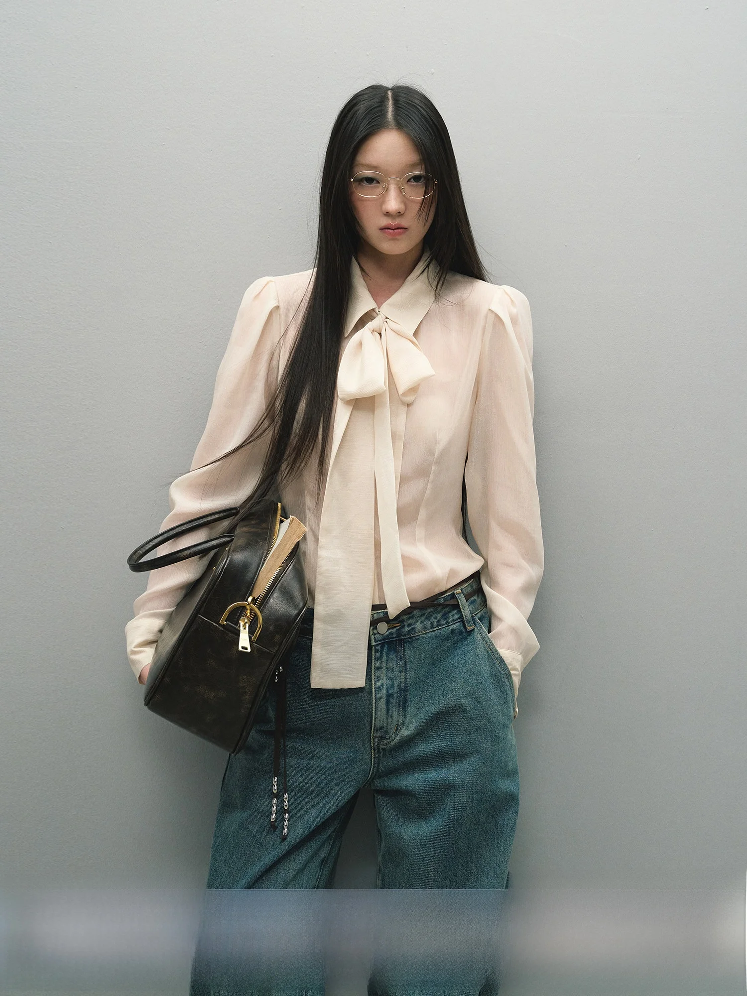 

Ele Knot Tie irt ort Women's Sle La Lune Du Ciel French Sle Polyester Long Sve Thiened Straight Cut