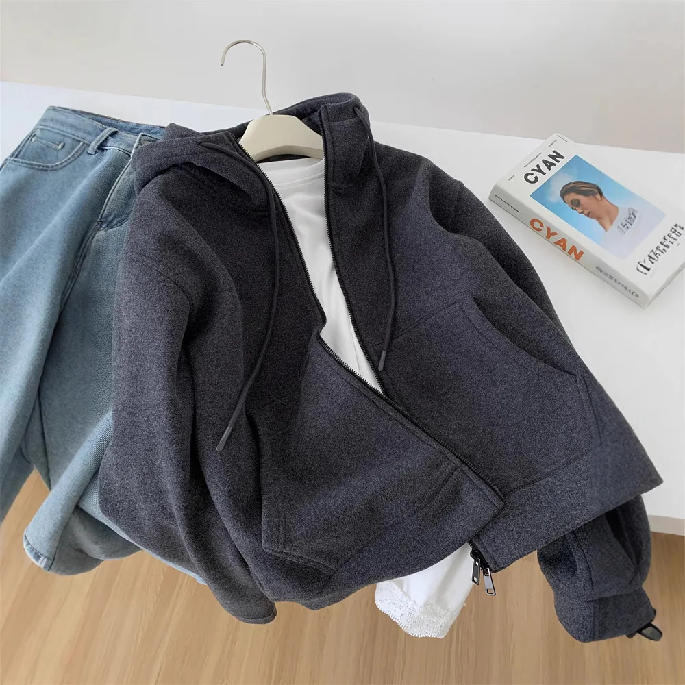 Heavyweight Thickened Dark Gray Sweatshirt Jacket For Women, Stylish, Casual, Warm, Versatile, Early Spring Korean Version,