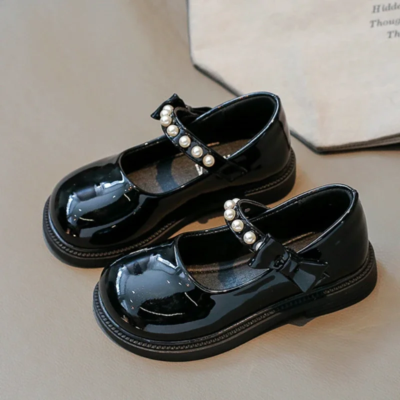 Children Loafers for Girl Black Glossy Spring Autumn Uniform School Leather Shoes Pearls Round-toe Kids Shoes Simple All-match