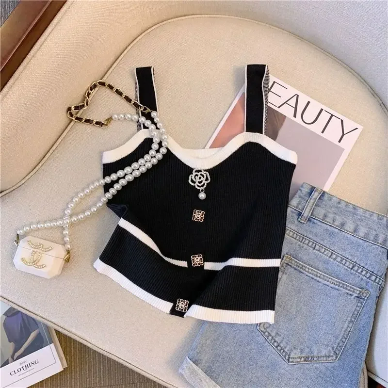 Summer Slim Button Design Bottom Camisole Short Tank Top Women\'s French Style 3d Tie Flowers Crop Top Small Halter Knit Vest