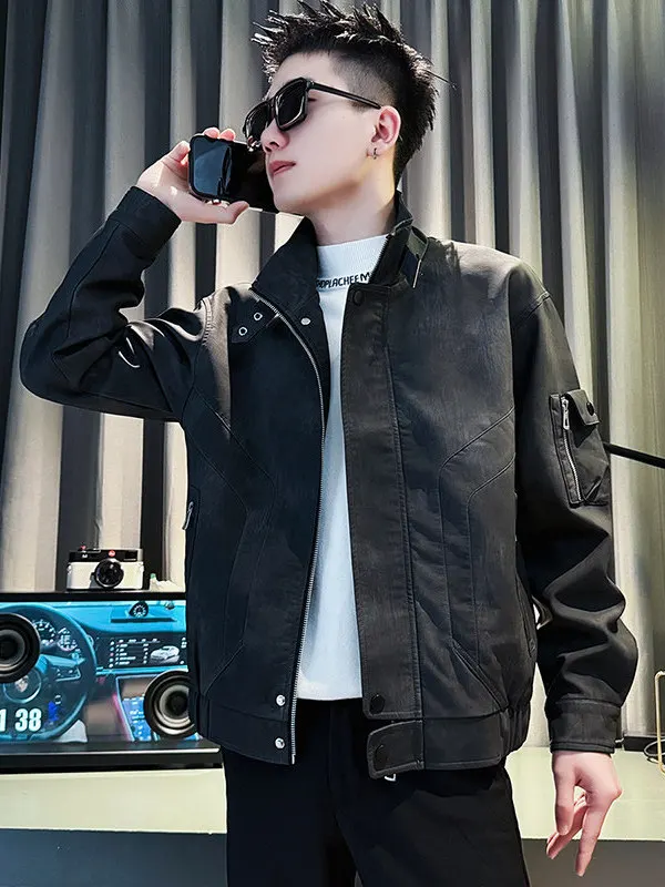 

Men's ort PU Leather Jaet Stand Collar Workwear Sle Spring Autumn Faionable Biker Coat Anti-Wind Long Sve Coat