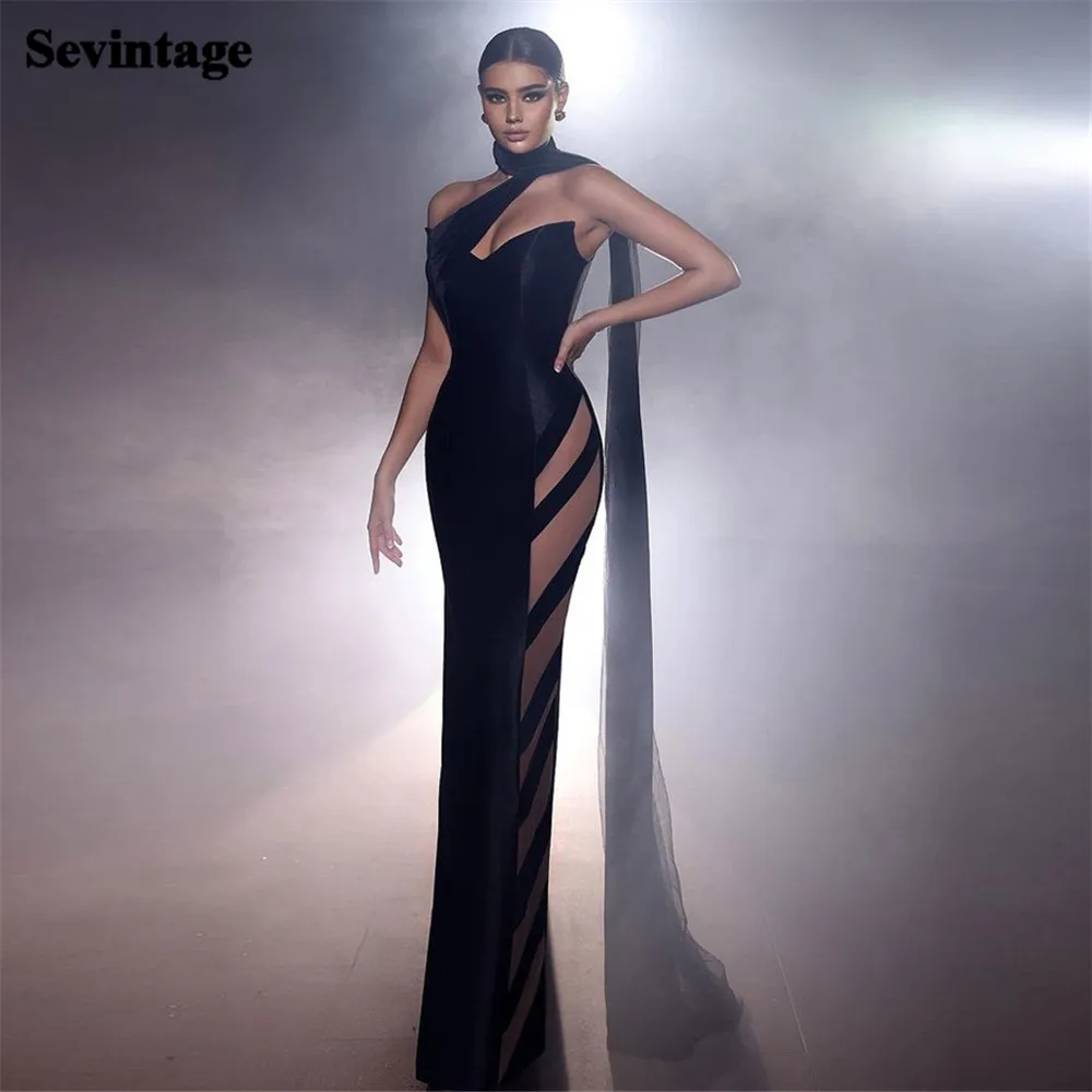 

Sevintage Sexy Black Prom Dresses Mermaid Strapless Long Cape Shawl High Slit Evening Dress vestidos para eventos especiales