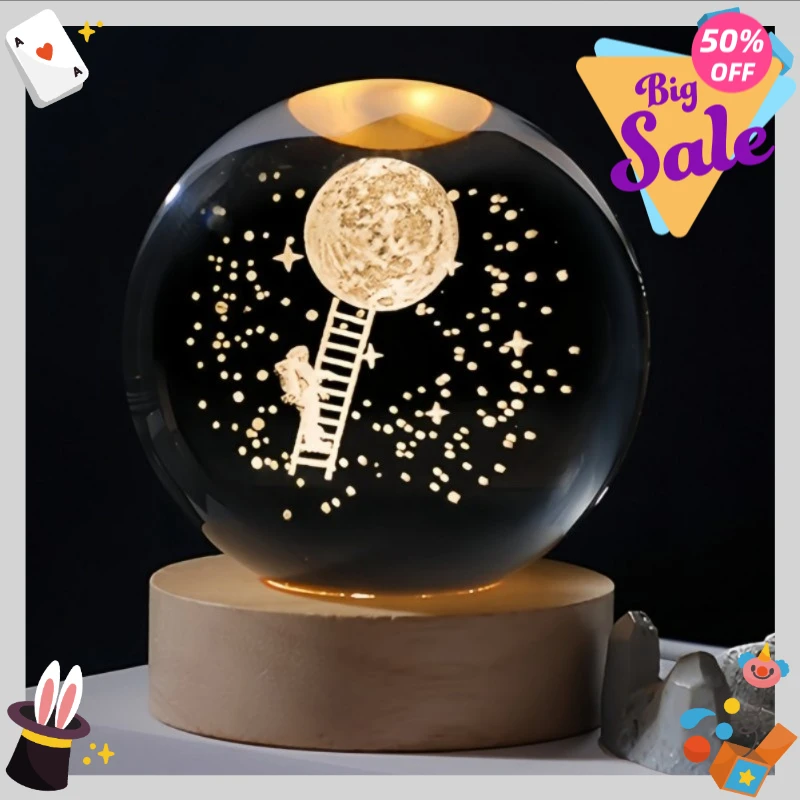 كرة أرضية منقوشة بالليزر ثلاثية الأبعاد مقاس 6 سم من Premium Craft - كواكب زجاجية شفافة كريستالية مع شاشة إضاءة LED بيضاء دافئة #1