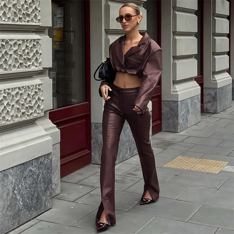 PU Leather Brown Women Suit Set 2 Pieces Short Blazer+Pants Trousers Autumn Winter Casual Hot Girl Formal Prom Jacket Coat