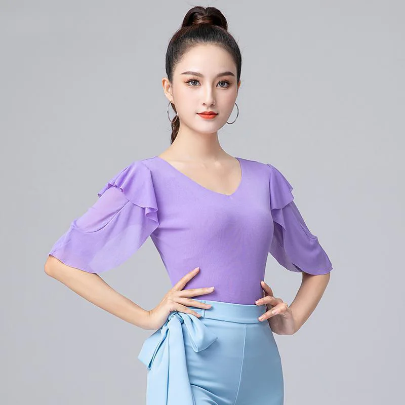 2023 nuove donne adulte Dance Top Lady Modern Ballroom Costume Sexy scollo a v Chiffon Dancewear 6 colori