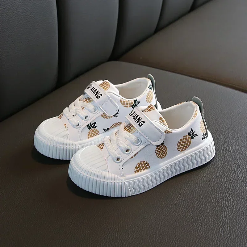 

Hot sale pineapple strawberry spring and autumn new soft bottom girls children students casual non-slip PU leather sports shoes