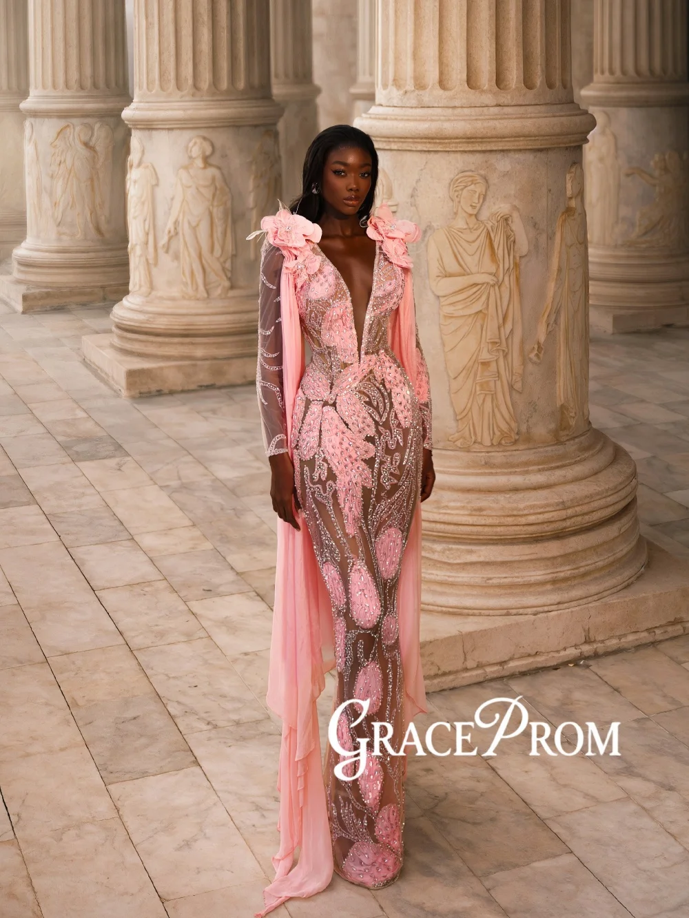 

African Luxury Crystal Evening Dress Sexy Illusion Deep Vneck Wedding Party Gowns Customized Glamorous Pink Floral Banquet Gowns