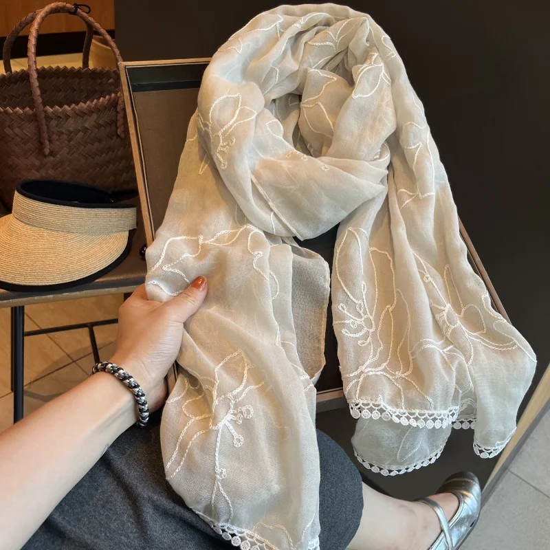 Summer Silk Scarves for Women Retro Chinese Style Versatile Long Printed Air Conditioning Cotton Linen Handkerchief