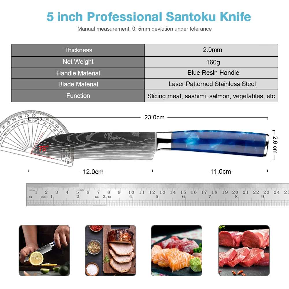 Kitchen Utility Knife 5 inch Stainless Steel Santoku Knife Kitchen paring knife Sharp Fruit peeling knife with Blue Resin Handle