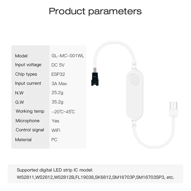 ABLN-GLEDOPTO WLED ESP32 미니 LED 스트립 컨트롤러 LED 스트립 컨트롤러 Withmic 음악 사운드 모드 DC5V USB 동적 WS2811 WS2812/