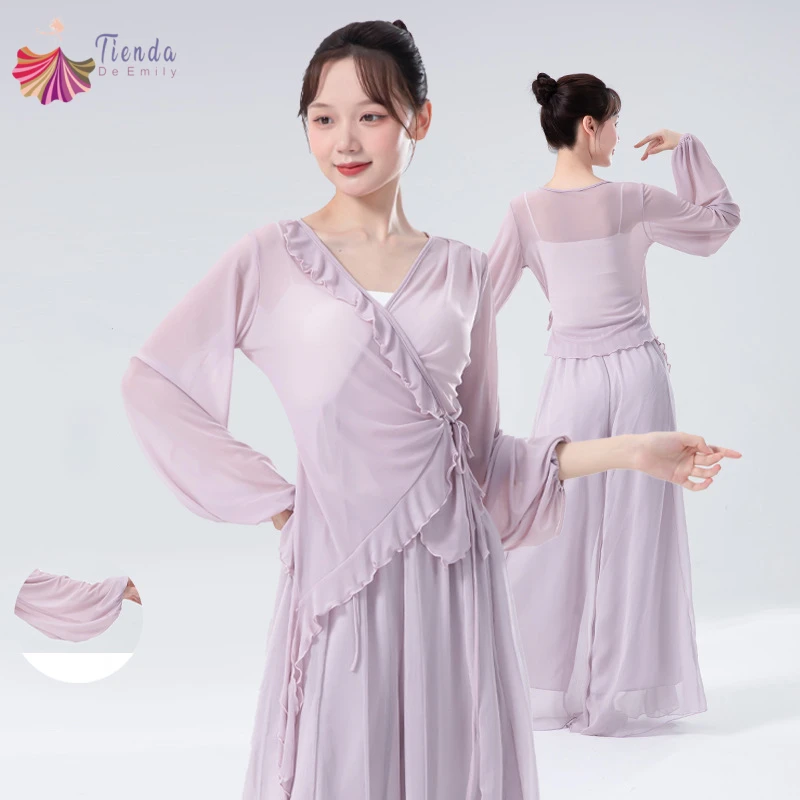 danca-classica-gaze-superior-traje-feminino-rendas-ate-cardigan-saree-camisa-amarrada-lado-manga-longa-flowy-folk-chines-lirico-palco-wear