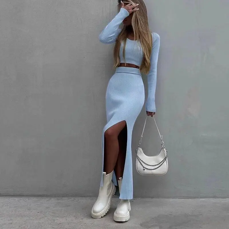 2025 feminino cor sólida malha manga longa camiseta terno outono meio corpo fenda lateral bodycon saia 2 peças moda casual wear