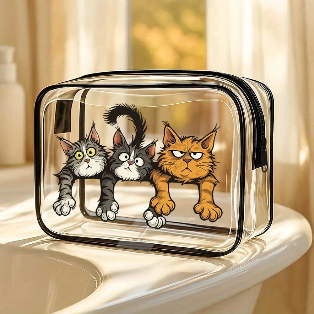 Whimsical Three Cats Cosmetic Bag Transparent Travel Makeup Toiletry Organizer with Zipper Closure Pvc Waterproof Storage Bags