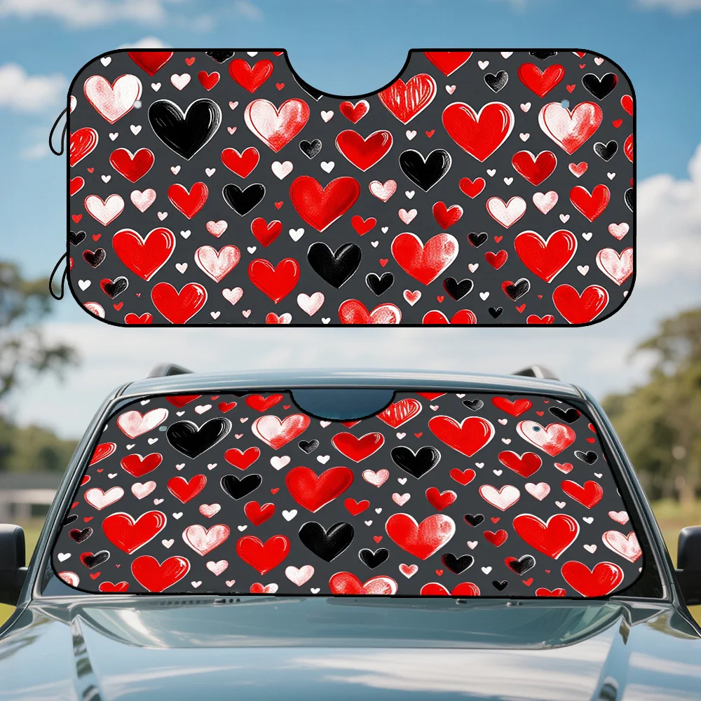 

1pc Hearts Print Car Sunshade Visor - Polyester Windshield Cover With Red & Black Heart Design, Fit For Compact Cars & SUVs, Ide