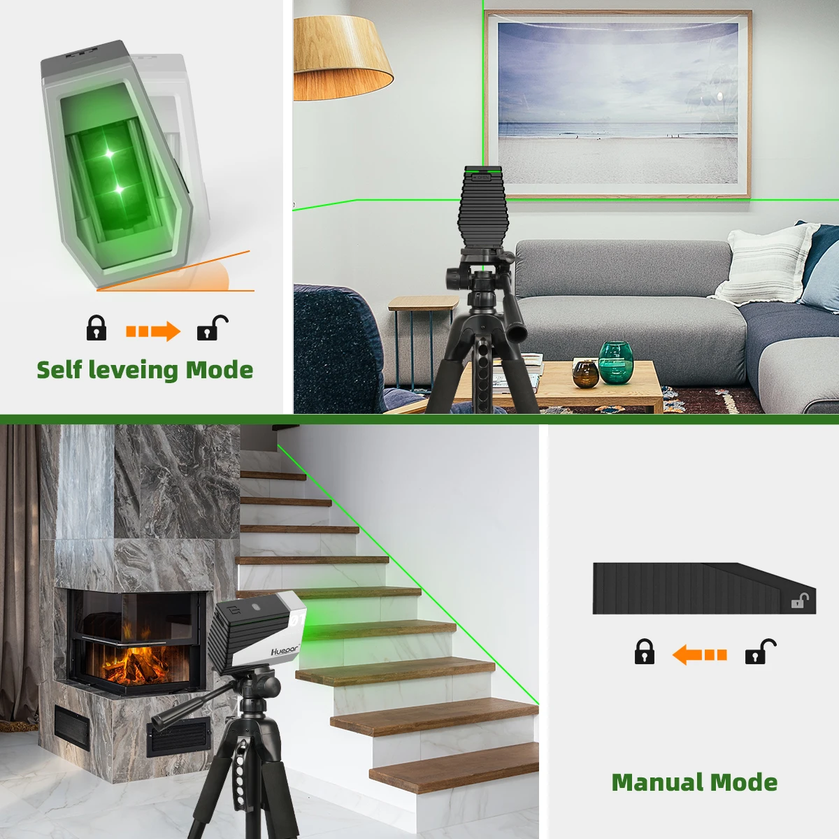 Huepar 2-линейный зеленый лазерный уровень, самовыравнивающийся лазерный уровень с перекрестной линией, датчиком движения, литиевой батареей и основанием для DIY