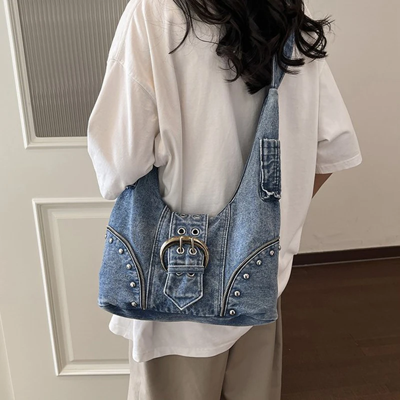 Large Capacity Denim Blue Women Shoulder Bag High-end And Trendy Commuting Solid Color Women Handbag Crossbody Bag