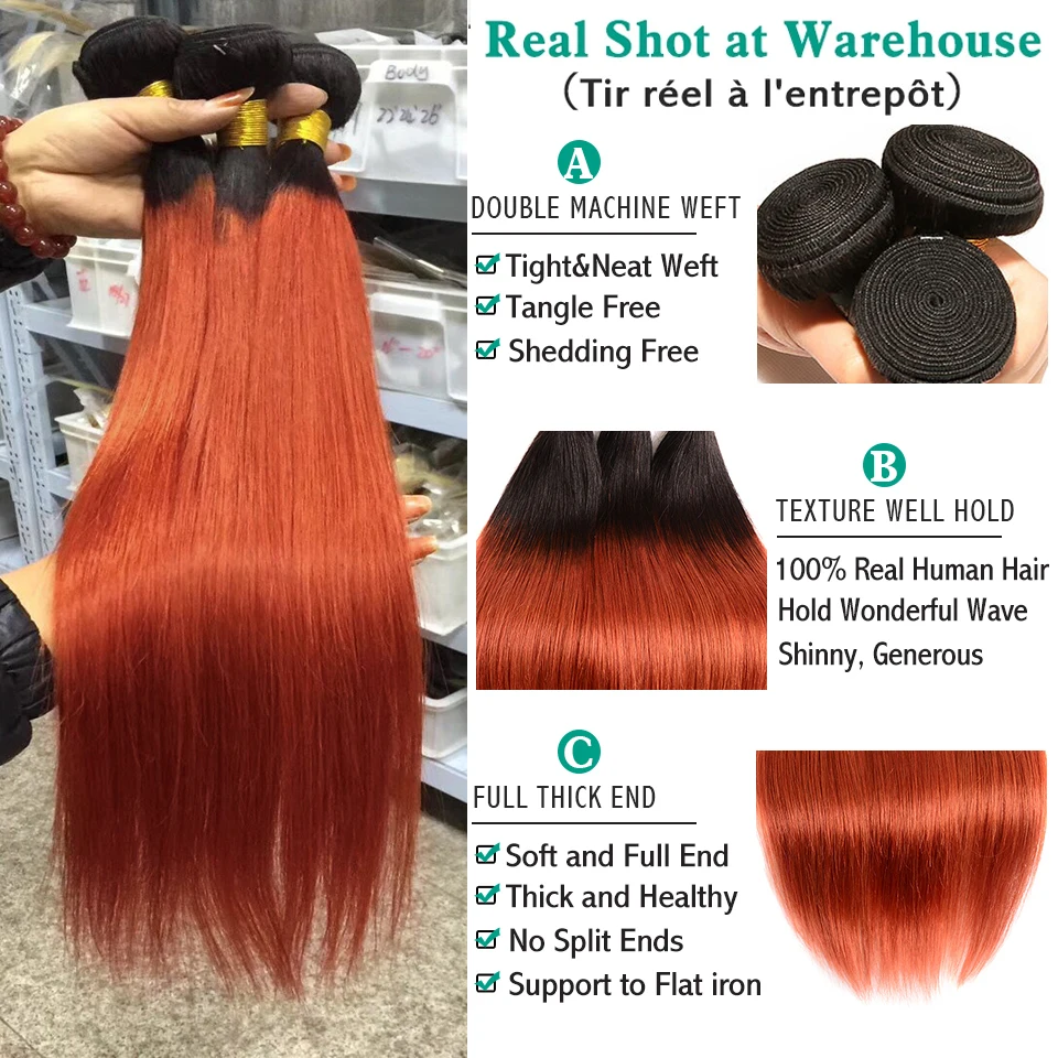 Sexay 1B Orange Human Hair Weave Bundles 3/4 Pcs Lot Ombre Dark Ginger Color Straight Hair Bundles #350 Pre Colored Human Hair