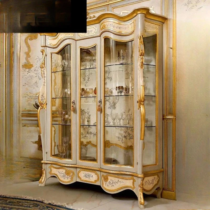 wine cabinet solid wood carving flower glass decorative storage double door  court luxury villa painting