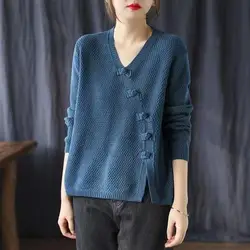 Pull à col en V à boutons vintage pour femmes, pull tout match, haut décontracté pour dames, vêtements d'extérieur d'automne et d'hiver, niche ary